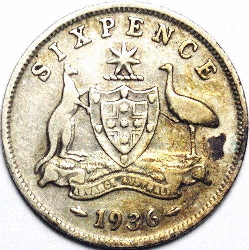 1936 Australian Sixpence, 'aF / gF', discolouration