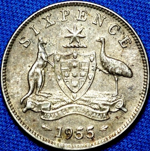 1955 Australian Sixpence, 'aUnc', discolouration