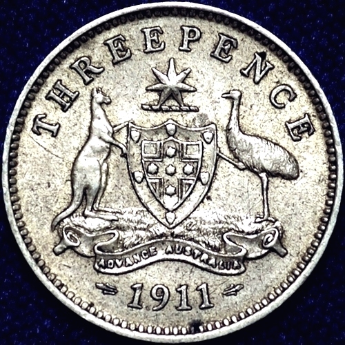1911 Australian Threepence, 'aEF / EF' - Click Image to Close