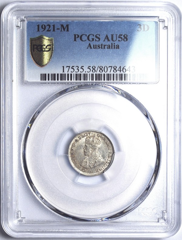 1921 m Australian Threepence, PCGS AU58 'about Uncirculated'