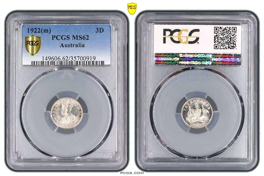 1922 Australian Threepence, PCGS MS62 'Uncirculated' - Click Image to Close