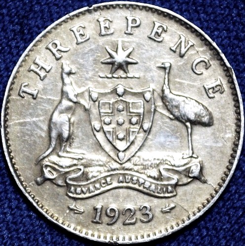 1923 Australian Threepence, 'VF / EF', marks - Click Image to Close