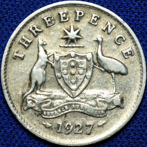 1927 Australian Threepence, 'about Fine / Fine'