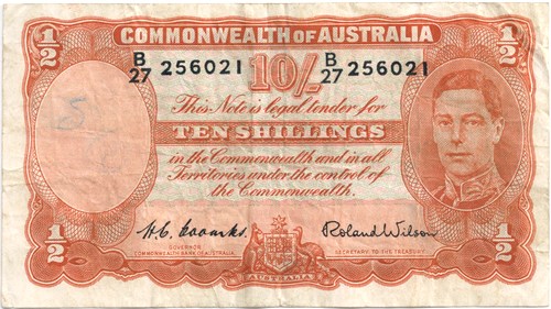 Ten Shilling Coombs Wilson (52) Australian Banknote, 'aF'