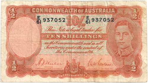 Ten Shilling Sheehan McFarlane Australian Banknote, 'Very Good'