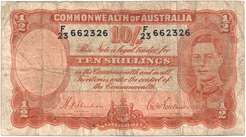 Ten Shilling Sheehan McFarlane Australian Banknote, 'aVG'