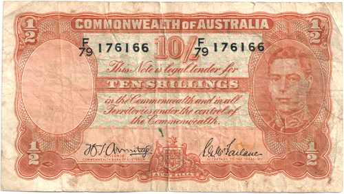 Ten Shilling Armitage McFarlane Australian Banknote, 'gVG'