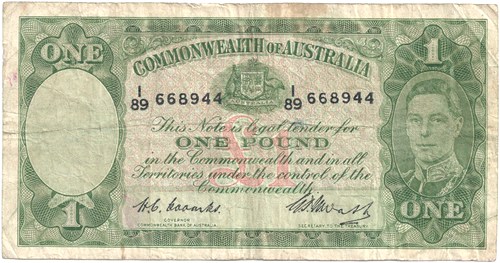 One pound Coombs Watt Australian Banknote, 'gVG'