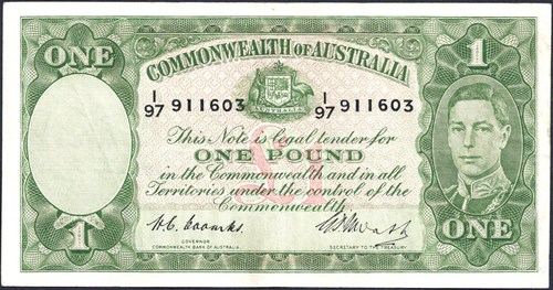One pound Coombs Watt Australian Banknote, 'about Very Fine'