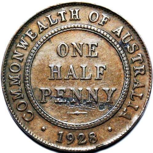 1928 Australian Halfpenny, 'Very Fine', lamination flaw