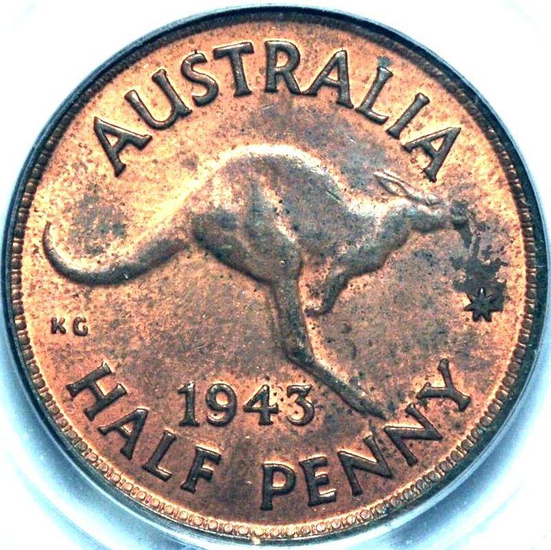 1943 m Australian Halfpenny, PCGS MS63RB 'Uncirculated'