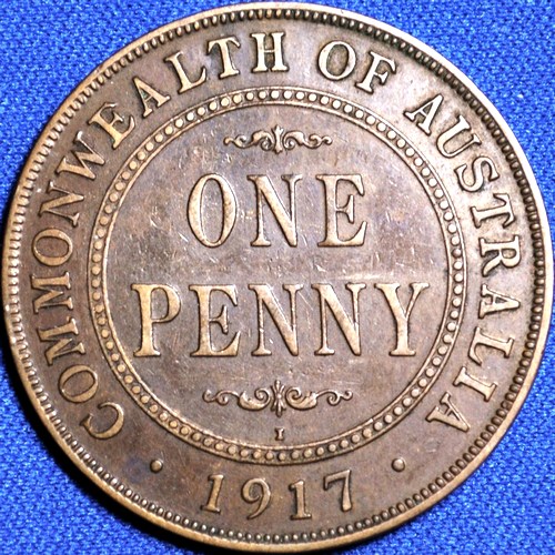 1917 Australian Penny, 'about Very Fine', marks