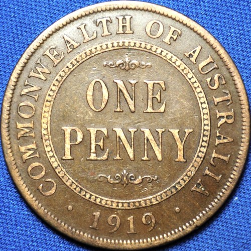 1919 Australian Penny, (no dots), 'about Fine'