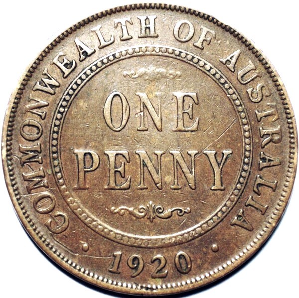1920 Australian Penny, (no dots, Indian), 'about Fine'