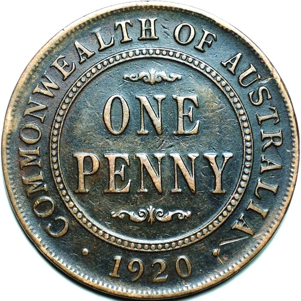 1920 Australian Penny, (no dots, Indian), 'about Fine'