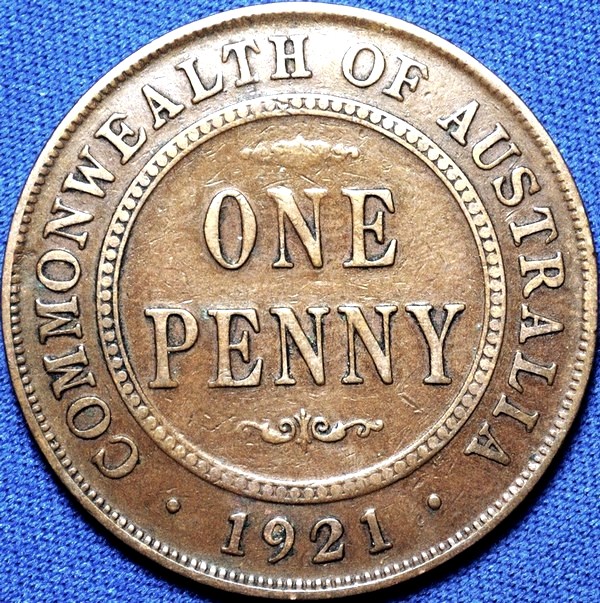 1921 Australian Penny, London obverse, 'Fine', marks