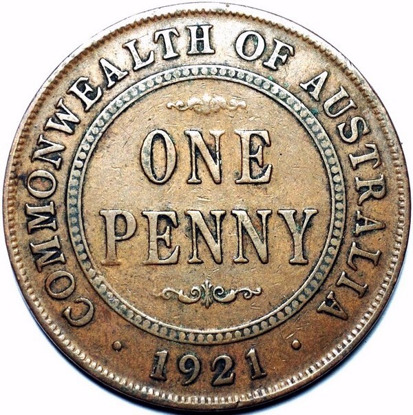 1921 Australian Penny, London obverse, 'about Fine'