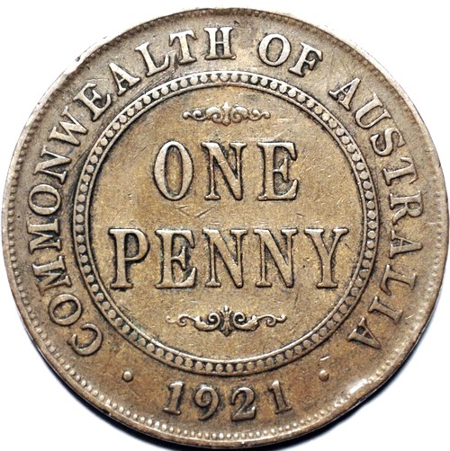 1921 Australian Penny, 'about Fine'