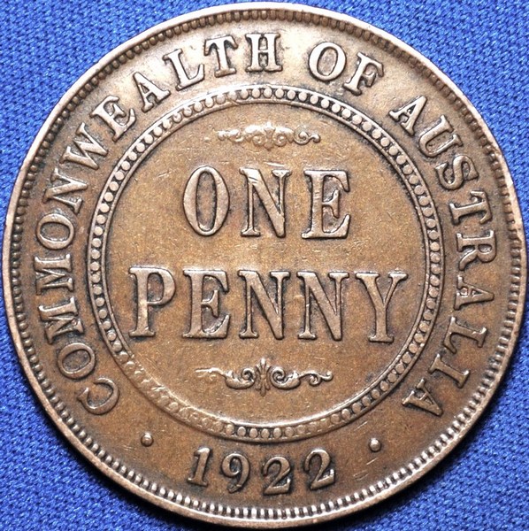 1922 Australian Penny, flat based reverse lettering, 'gF'