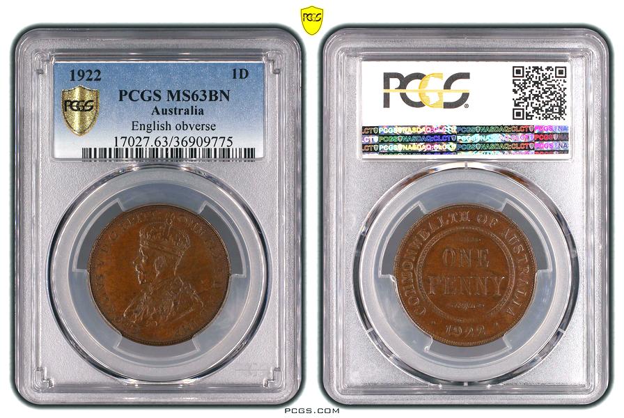 1922 Australian Penny, PCGS MS63BN 'Uncirculated'