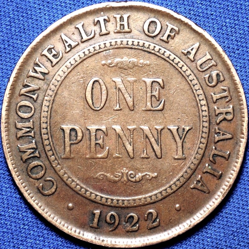 1922 Australian Penny, Indian obverse, 'about Fine'