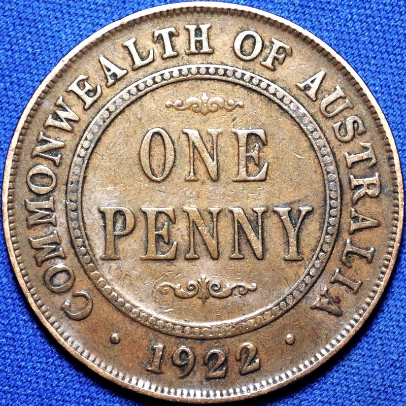 1922 Australian Penny, Indian obverse, 'about Fine'