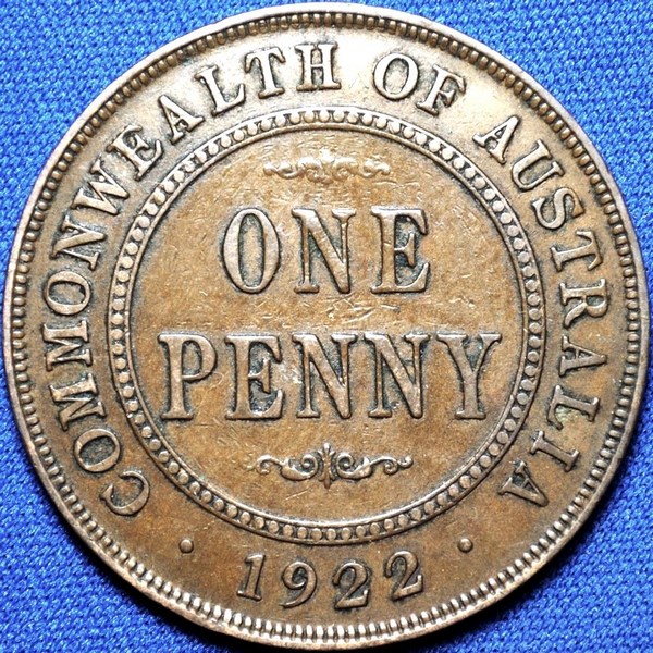 1922 Australian Penny, wide date toenail 9, 'good Fine'