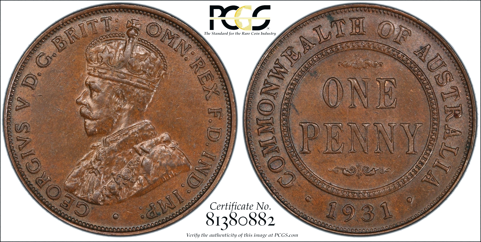 1931 Australian Penny, normal 1 London, PCGS MS62BN (Unc)