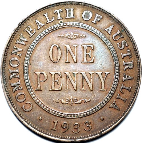 1933 Australian Penny, 'Very Fine', rubbed