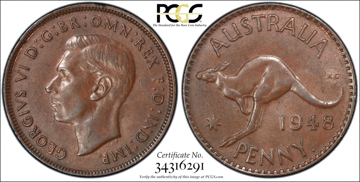 1948 Y. Australian Penny, PCGS AU58 'about Uncirculated'