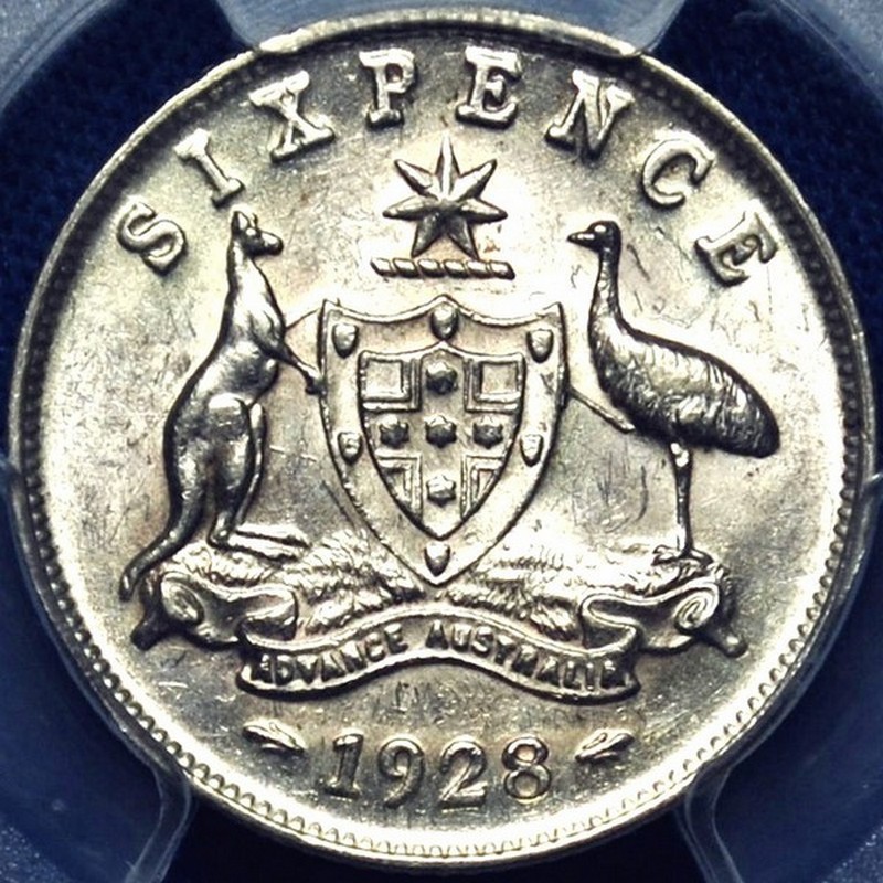1928 Australian Sixpence, PCGS AU58 'about Uncirculated'