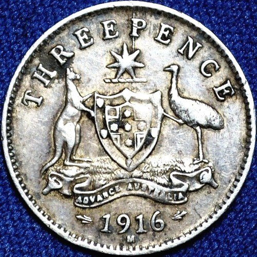 1916 Australian Threepence, 'Very Fine', toned
